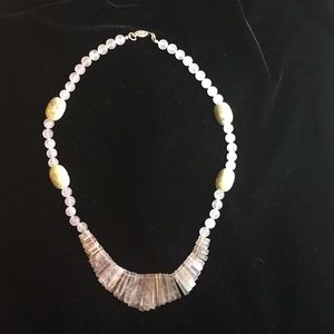 Necklace rose quartz and hand painted green beads